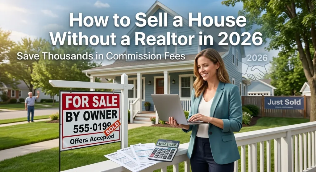 Sell house without realtor comparison showing commission savings, direct buyer negotiations, and For Sale By Owner home selling process
